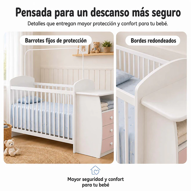 Cuna con Mudador Bambini Rosado+Colchon Cuna Baby Box 130x60