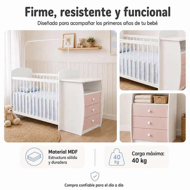 Cuna con Mudador Bambini Rosado+Colchon Cuna Baby Box 130x60