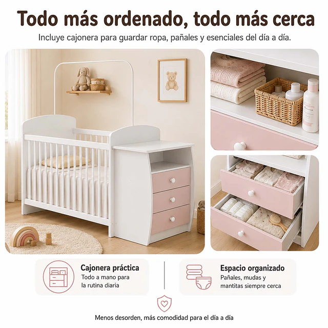 Cuna con Mudador Bambini Rosado+Colchon Cuna Baby Box 130x60