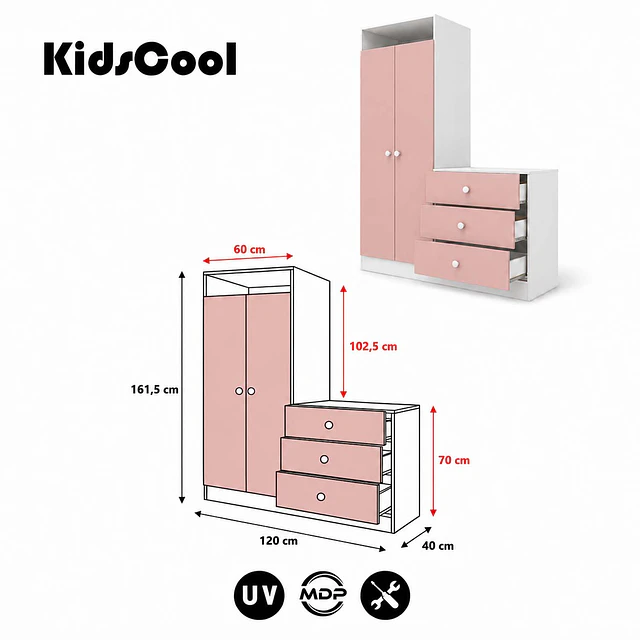 Closet Armario Infantil con Cómoda Kidscool Pimpolho Rosado