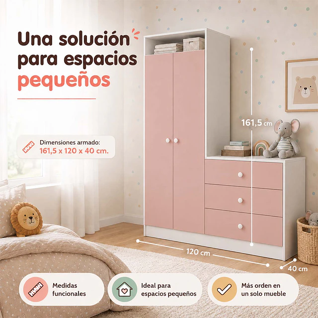 Closet Armario Infantil con Cómoda Kidscool Pimpolho Rosado