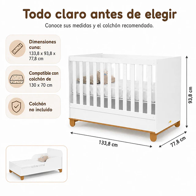 Cuna Evolutiva 2 En 1 Transición Kidscool Zupi Blanco MDF