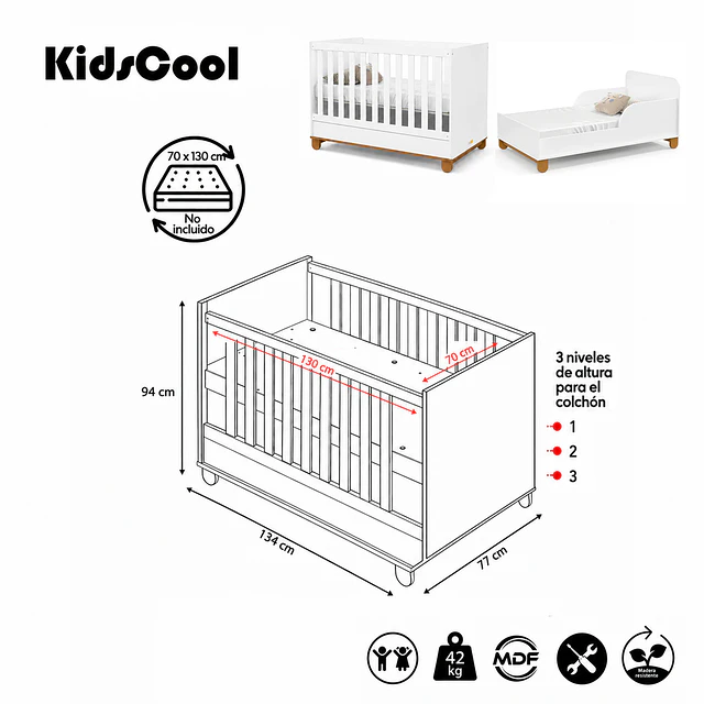 Cuna Evolutiva 2 En 1 Transición Kidscool Zupi Blanco MDF