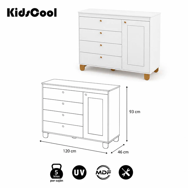  Cómoda Infantil Kidscool Zupi Blanco 4 Cajones Y Puerta