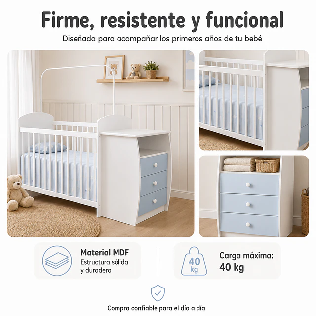 Cuna con Mudador Bambini Celeste+Colchon Cuna Baby Box 130x60