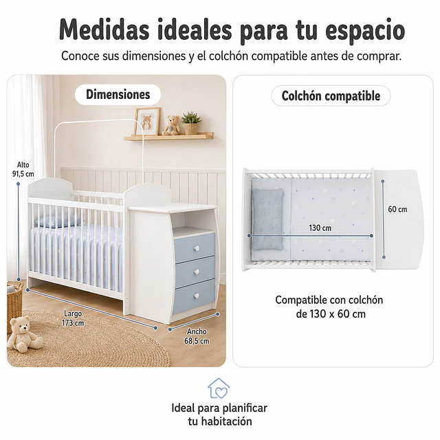 Cuna con Mudador Bambini Celeste+Colchon Cuna Baby Box 130x60