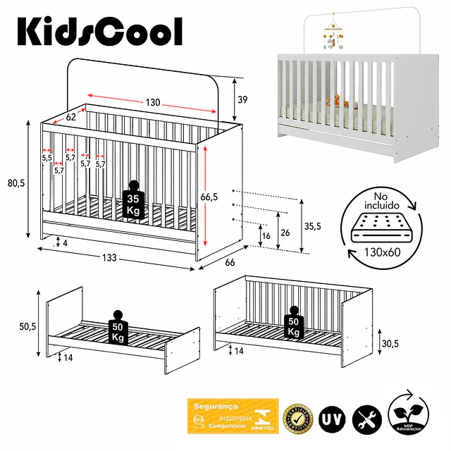 Cuna Evolutiva 3 en 1 New Kidscool Blanca MDP