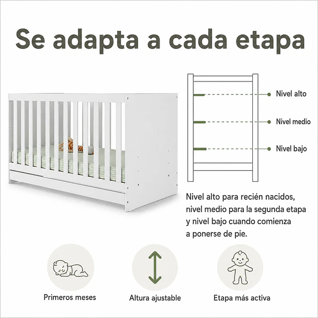 Cuna Evolutiva 3 en 1 New Kidscool Blanca MDP