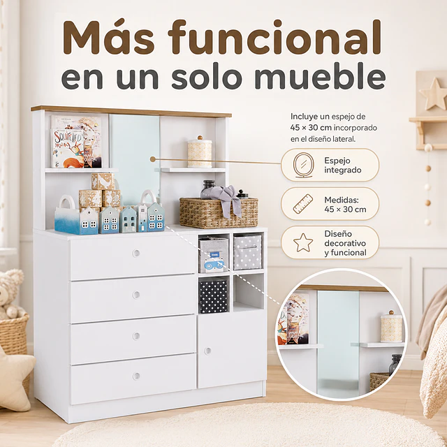 Cómoda Infantil Kidscool Amore 4 Cajones 1 Puerta Blanco