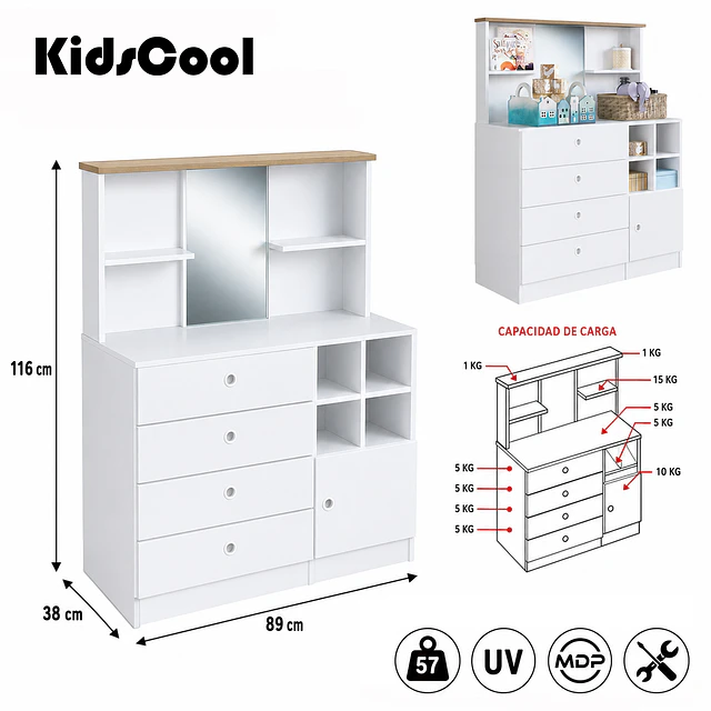 Cómoda Infantil Kidscool Amore 4 Cajones 1 Puerta Blanco