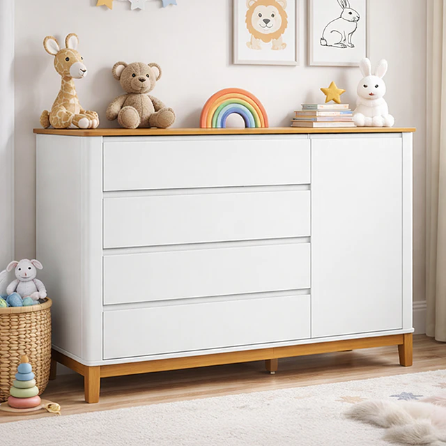 Cómoda Mudador Infantil Kidscool Flow Blanca Eco Wood 4 Cajones 1 Puerta