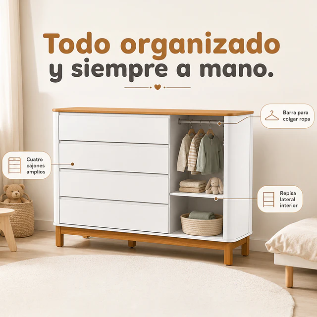 Cómoda Mudador Infantil Kidscool Flow Blanca Eco Wood 4 Cajones 1 Puerta