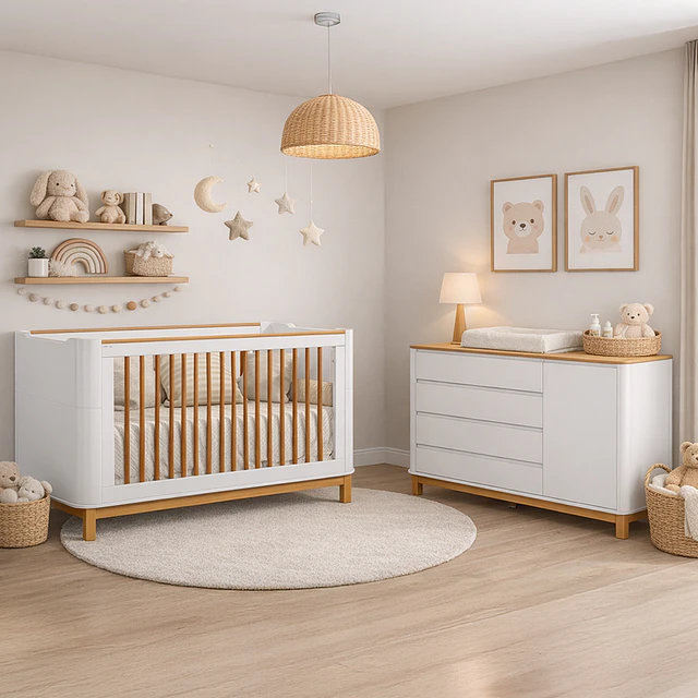 Cómoda Mudador Infantil Kidscool Flow Blanca Eco Wood 4 Cajones 1 Puerta