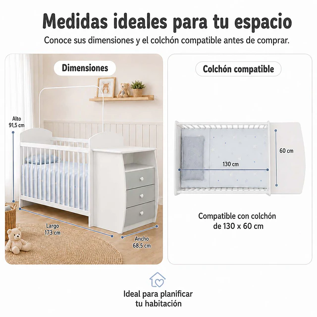 Cuna con Mudador Bambini Gris+Colchon Cuna Baby Box 130x60