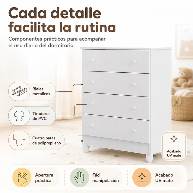 Cómoda Infantil Kidscool Mel 4 Cajones Blanco 