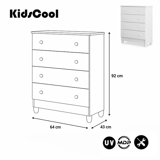 Cómoda Infantil Kidscool Mel 4 Cajones Blanco 