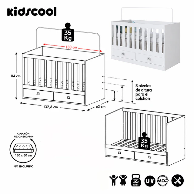Cuna Multifunción 2 en 1 Kidscool New Amore Blanca