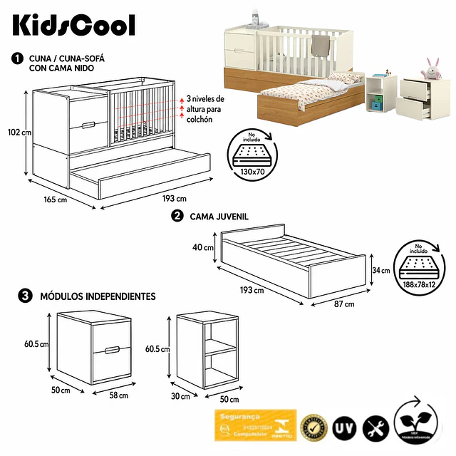  Cuna Multifunción con Cama Nido Formare Blanca Eco Wood Kidscool