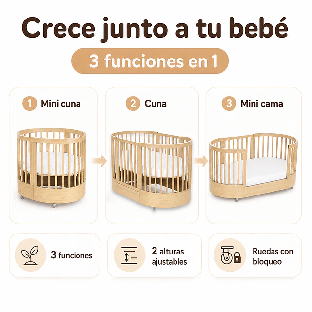 Cuna Bebé Progresiva 3 Funciones Sognare Madera Ovalada 