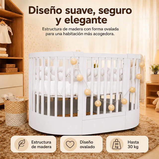 Cuna Bebé Progresiva 3 Funciones Sognare Blanca Ovalada 