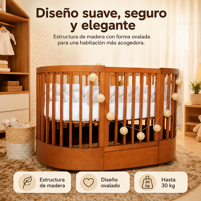 Cuna Bebé Progresiva 3 Funciones Sognare Miel Ovalada 
