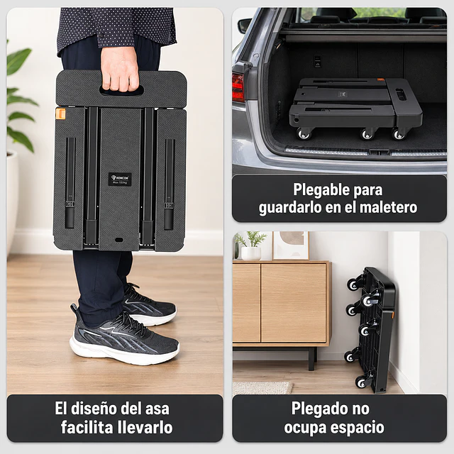 Carro Yegua de Carga Plegable 6 Ruedas Base Extensible Be Design Negro 56.5 x 32 cm 