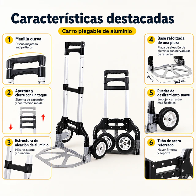 Carro Yegua De Carga Plegable Aluminio Be Design Ruedas De Goma 100 X 38.5 X 27 cm 