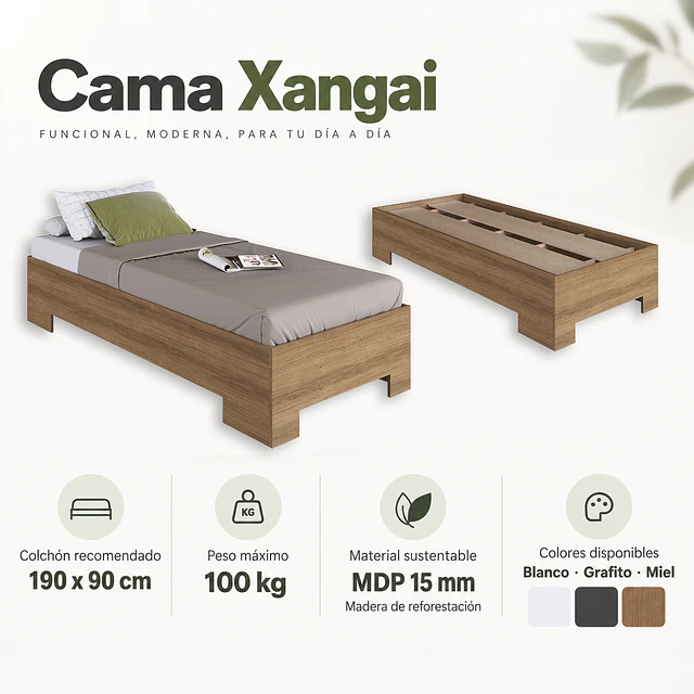 Cama 1 Plaza Miel Be Design Xangai 90x190 cm - Cama Juvenil Baja MDP