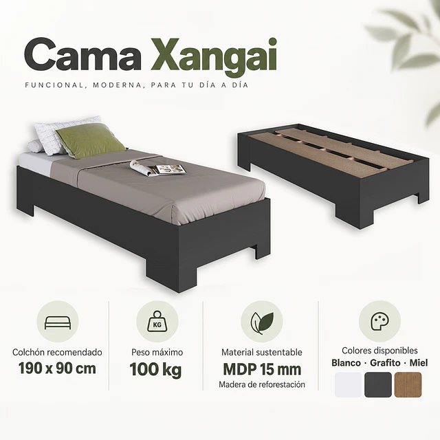 Cama 1 Plaza Grafito Be Design Xangai 90x190 cm - Cama Juvenil Baja MDP