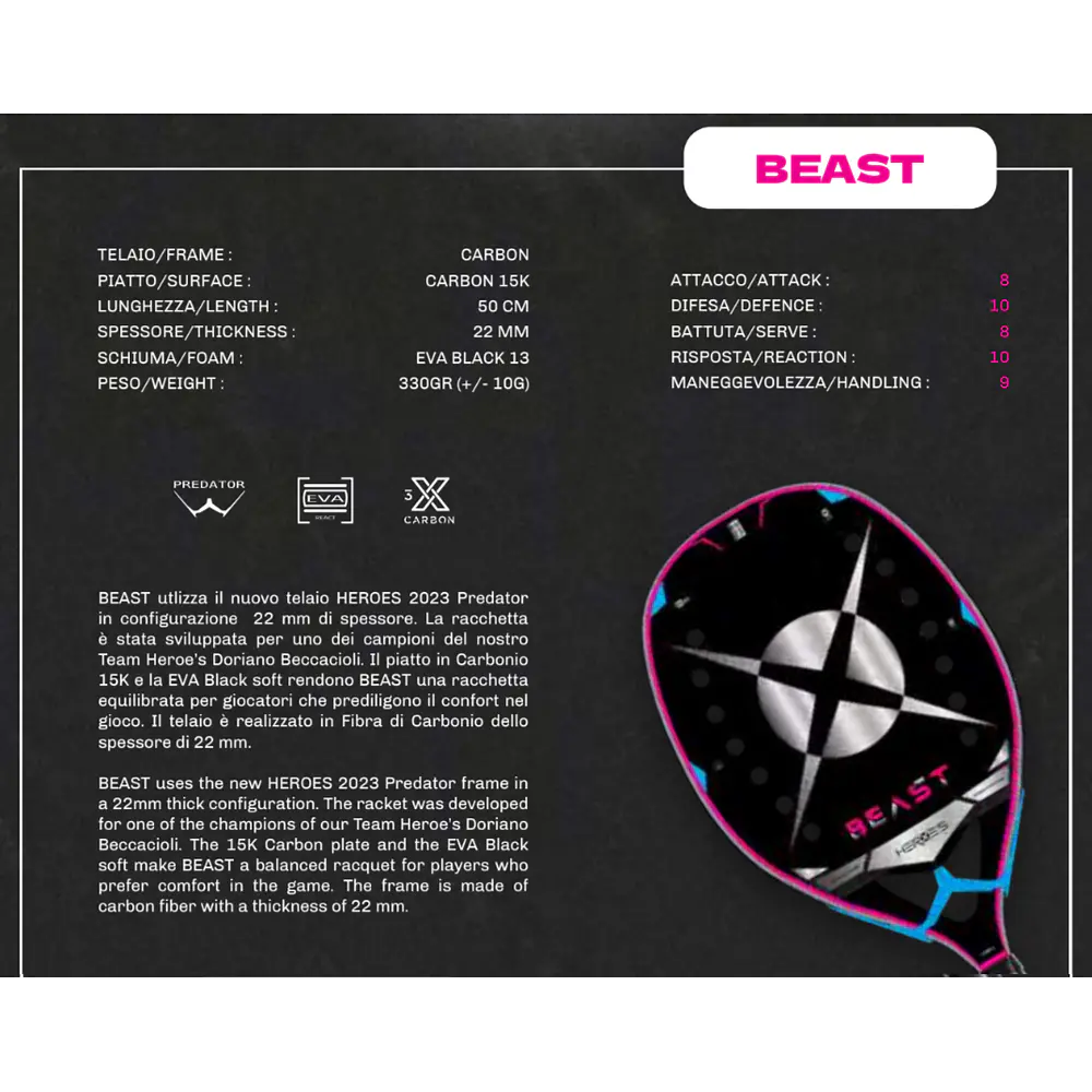   Raquete de Beach Tennis 2023 Heroe's Beast c/ trat. Glipper