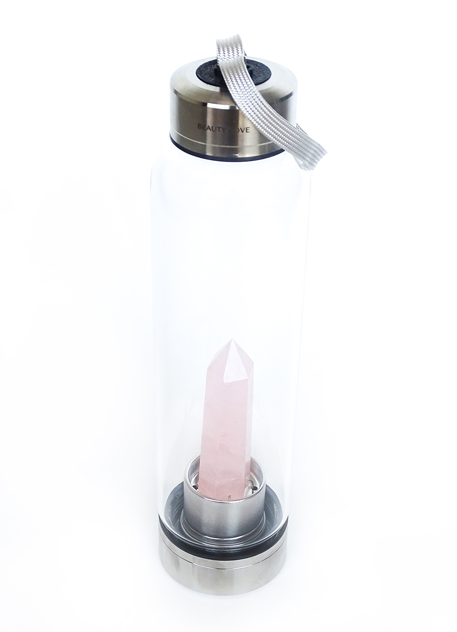 Botella de agua de cristal de cuarzo rosa, cristal rosa, reutilizable, gema  de cristal, botella de agua curativa, punta de varita de cristal, botella