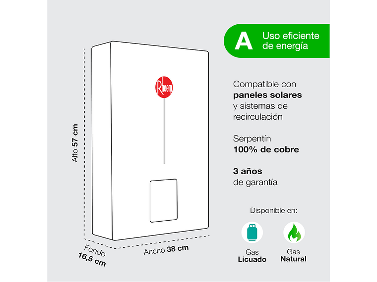 PACK CALEFONT RHEEM 18 LITROS TIRO FORZADO GAS NATURAL + KIT 5