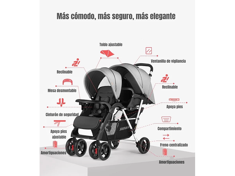 COCHE DOBLE DUO RECLINABLE PLEGABLE GRIS BY LUBABYCAS 4