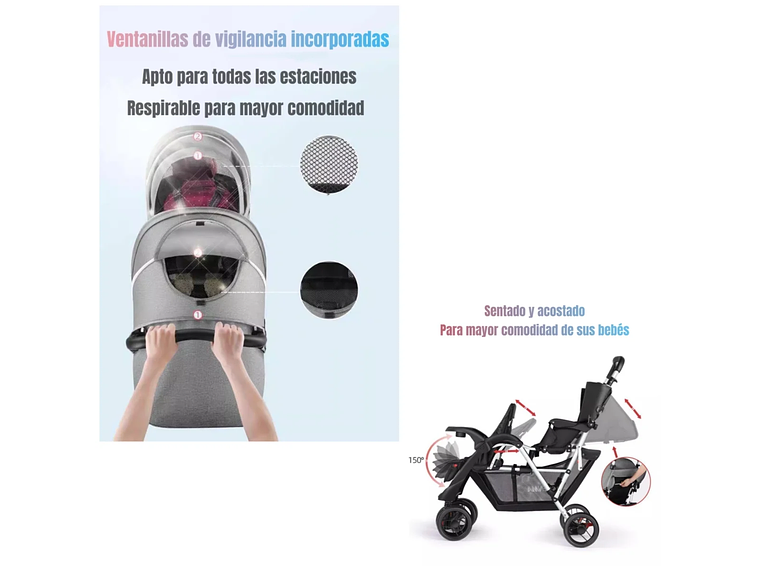 COCHE DOBLE DUO RECLINABLE PLEGABLE GRIS BY LUBABYCAS 7