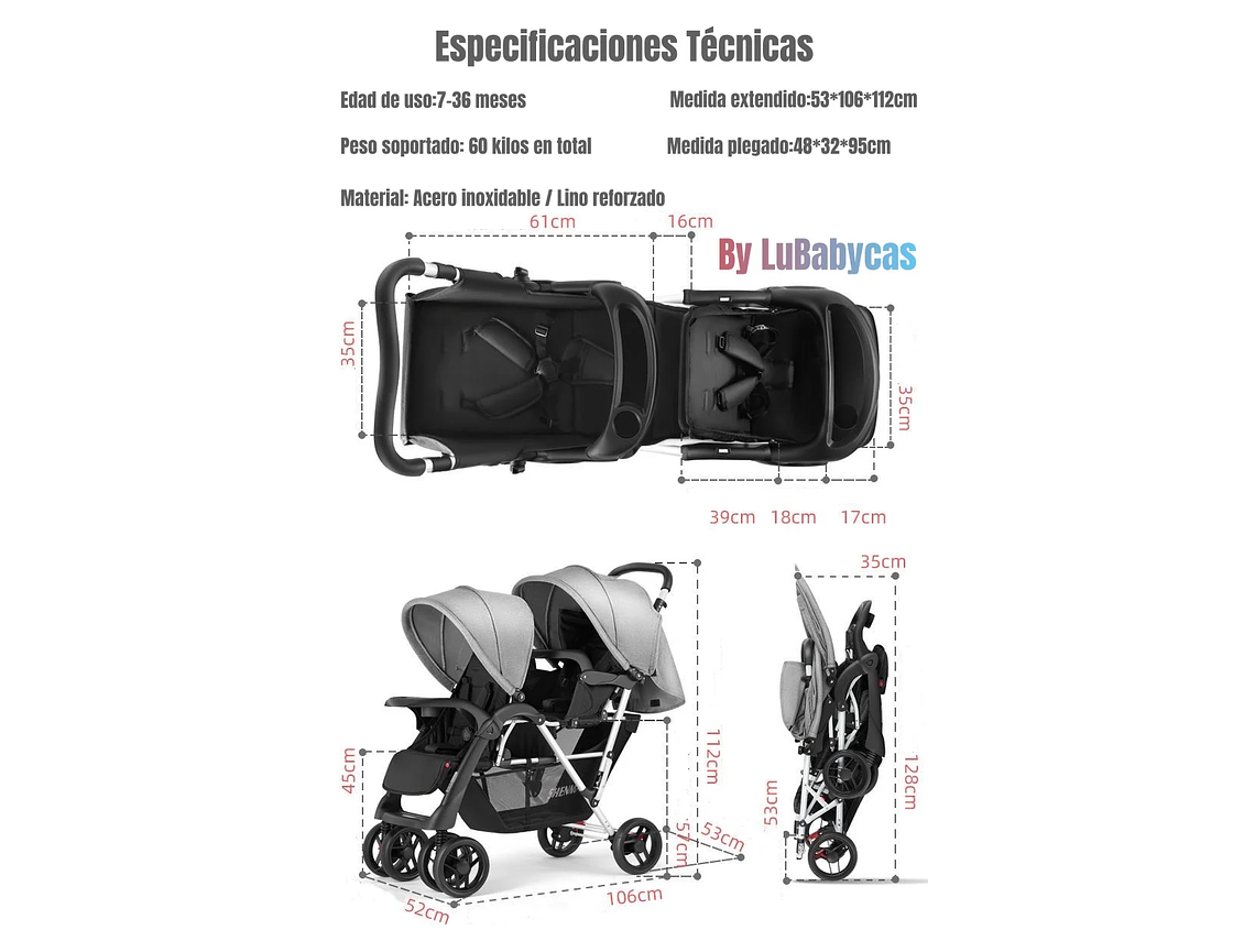 COCHE DOBLE DUO RECLINABLE PLEGABLE GRIS BY LUBABYCAS 9