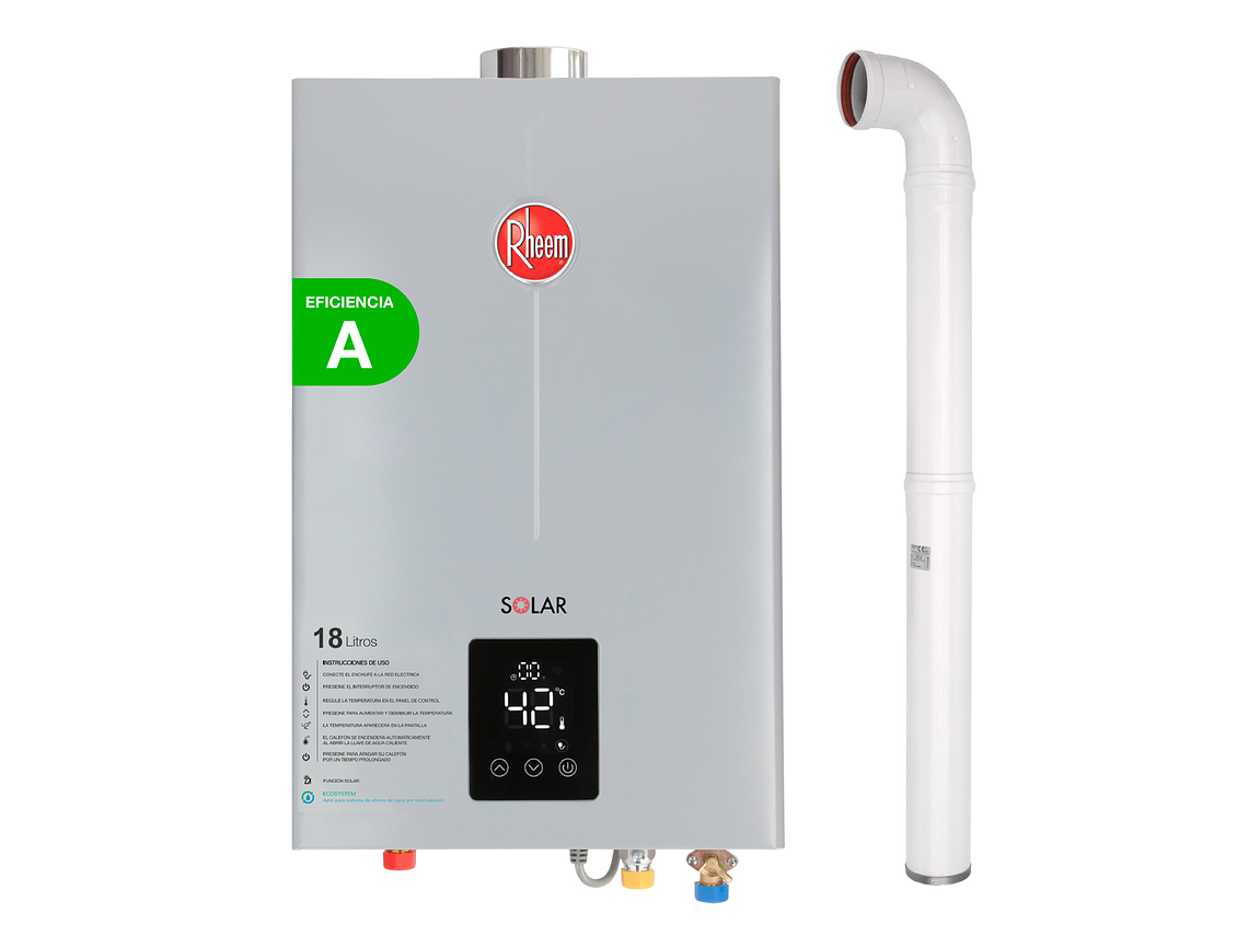 PACK CALEFONT RHEEM 18 LITROS TIRO FORZADO GAS LICUADO + KIT 1