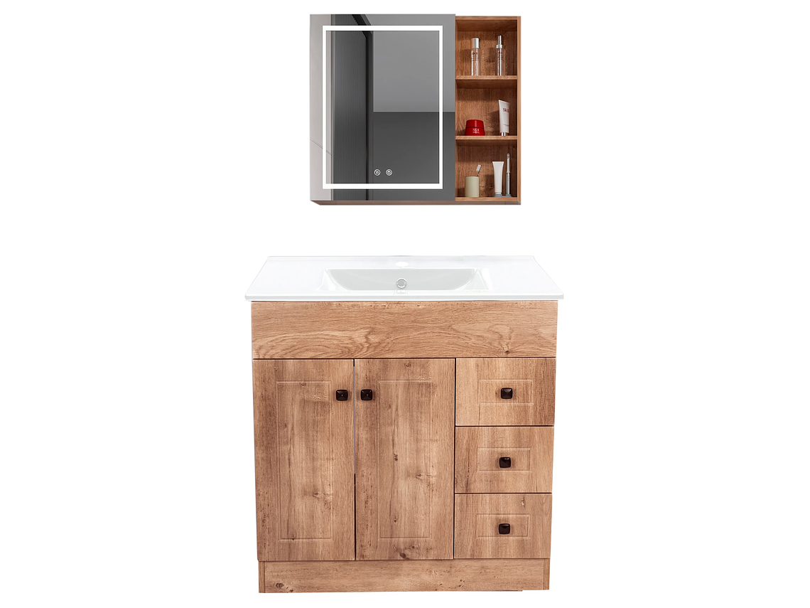 KIT MUEBLE VANITORIO DOMSA CON BOTIQUIN ESPEJO LED ANTIEMPAÑANTE WP-80 NOGAL 1