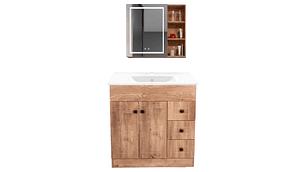 KIT MUEBLE VANITORIO DOMSA CON BOTIQUIN ESPEJO LED ANTIEMPAÑANTE WP-80 NOGAL