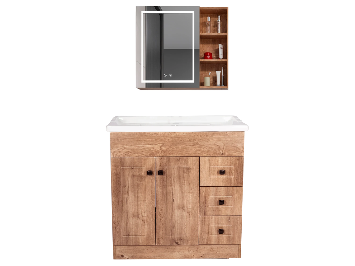 KIT MUEBLE VANITORIO DOMSA CON BOTIQUIN ESPEJO LED ANTIEMPAÑANTE WF-80 NOGAL 1