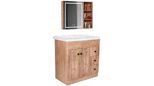 KIT MUEBLE VANITORIO DOMSA CON BOTIQUIN ESPEJO LED ANTIEMPAÑANTE WF-80 NOGAL