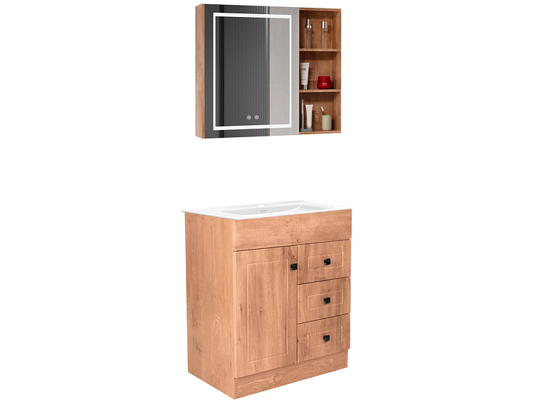 KIT MUEBLE VANITORIO DOMSA CON BOTIQUIN ESPEJO LED ANTIEMPAÑANTE WP-70 NOGAL 2