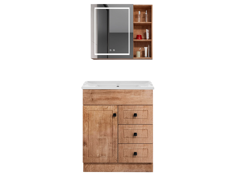 KIT MUEBLE VANITORIO DOMSA CON BOTIQUIN ESPEJO LED ANTIEMPAÑANTE WF-70 NOGAL 1