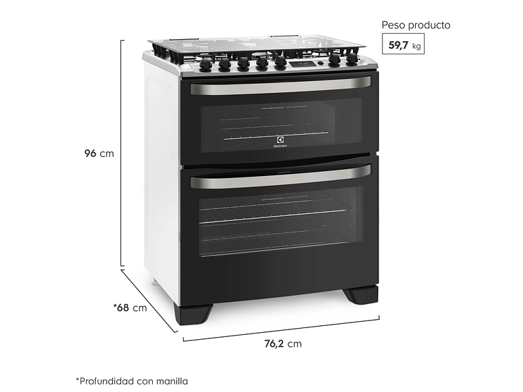 COCINA A GAS 5 PLATOS DOBLE HORNO TIMER DIGITAL 76DBA NEGRA 2