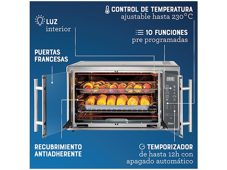HORNO DIGITAL CON FREIDORA DE AIRE OSTER® DE 42 LITROS DE PUERTAS ESTILO FRANCÉS TSSTTVFDDAFNS 8