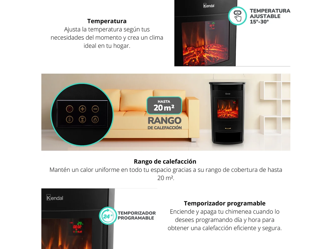 ESTUFA CHIMENEA ELÉCTRICA KENDAL KCE-2120L 3