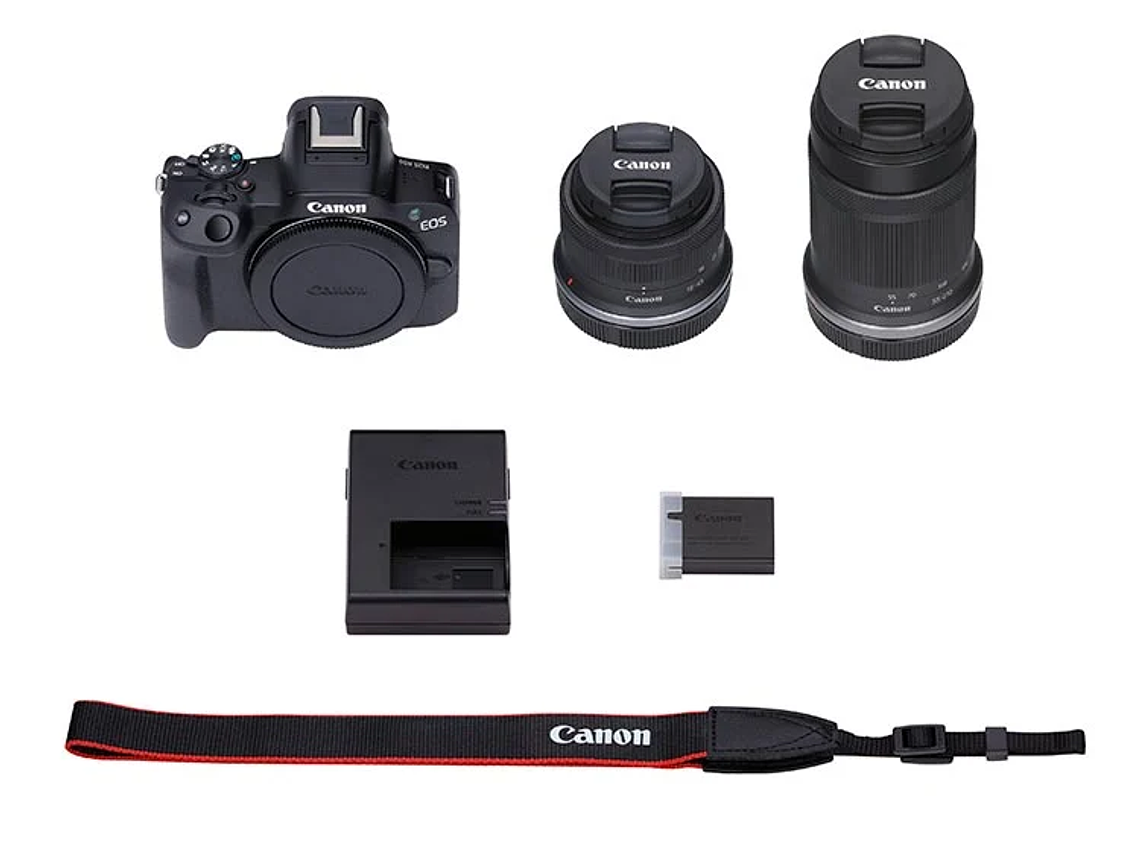 CÁMARA MIRRORLESS CANON R50 4K UHD 24.2 MP+ LENTE 18-45 + LENTE 55-210 8