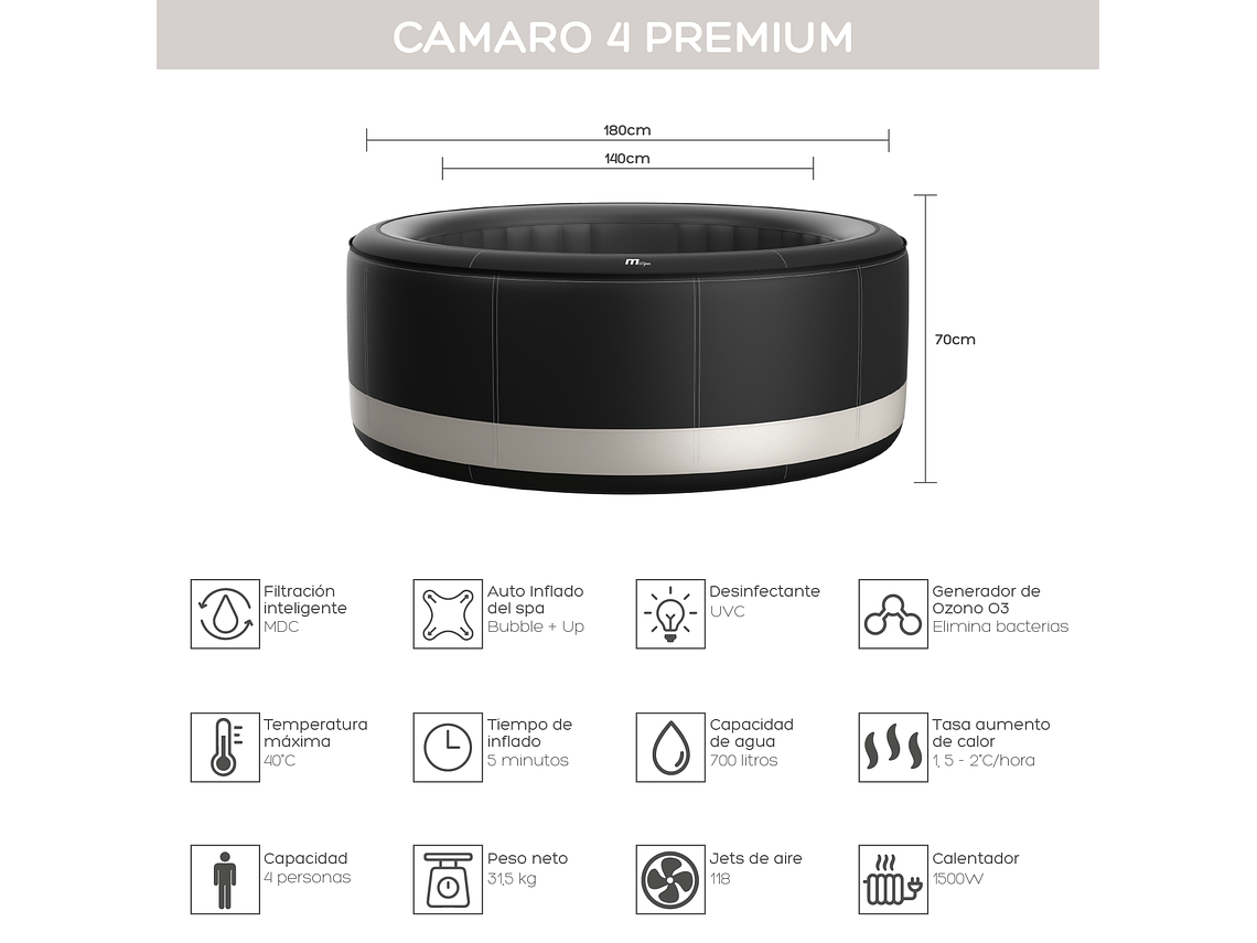 HOT TUB JACUZZI SPA INFLABLE 4 PERSONAS CAMARO PREMIUM MSPA 2