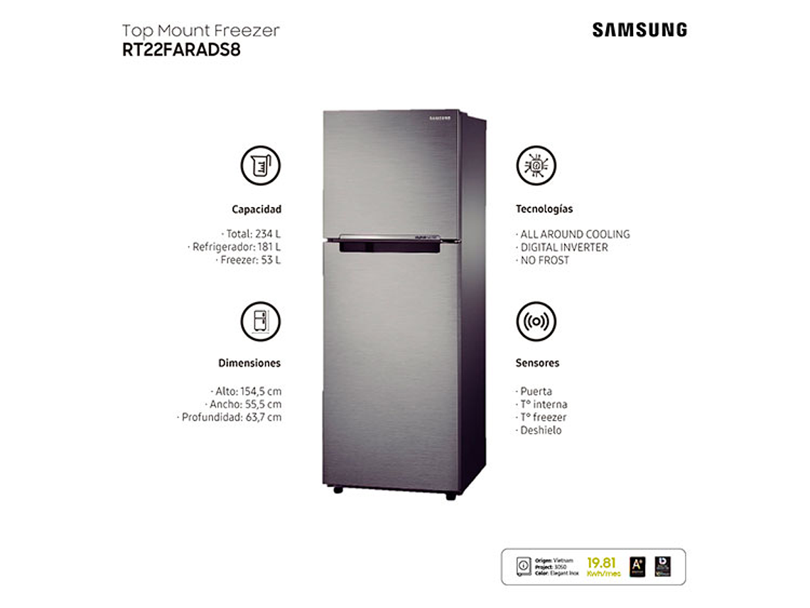 REFRIGERADOR SAMSUNG TOP FREEZER 234 L ALL AROUND COOLING RT22FARADS8/ZS 4