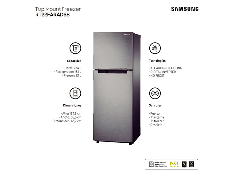 REFRIGERADOR SAMSUNG TOP FREEZER 234 L ALL AROUND COOLING RT22FARADS8/ZS 4