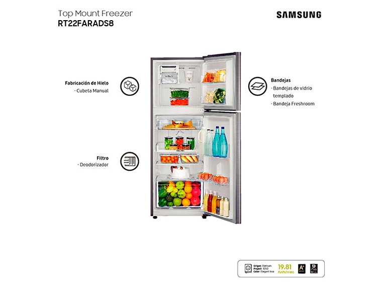 REFRIGERADOR SAMSUNG TOP FREEZER 234 L ALL AROUND COOLING RT22FARADS8/ZS 5